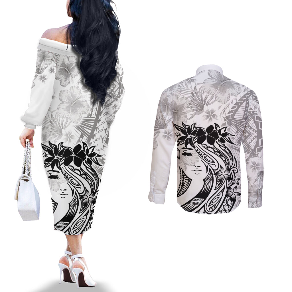 Polynesian Women's Day Couples Matching Off The Shoulder Long Sleeve Dress and Long Sleeve Button Shirt Plumeria Passion - White LT7 - Polynesian Pride