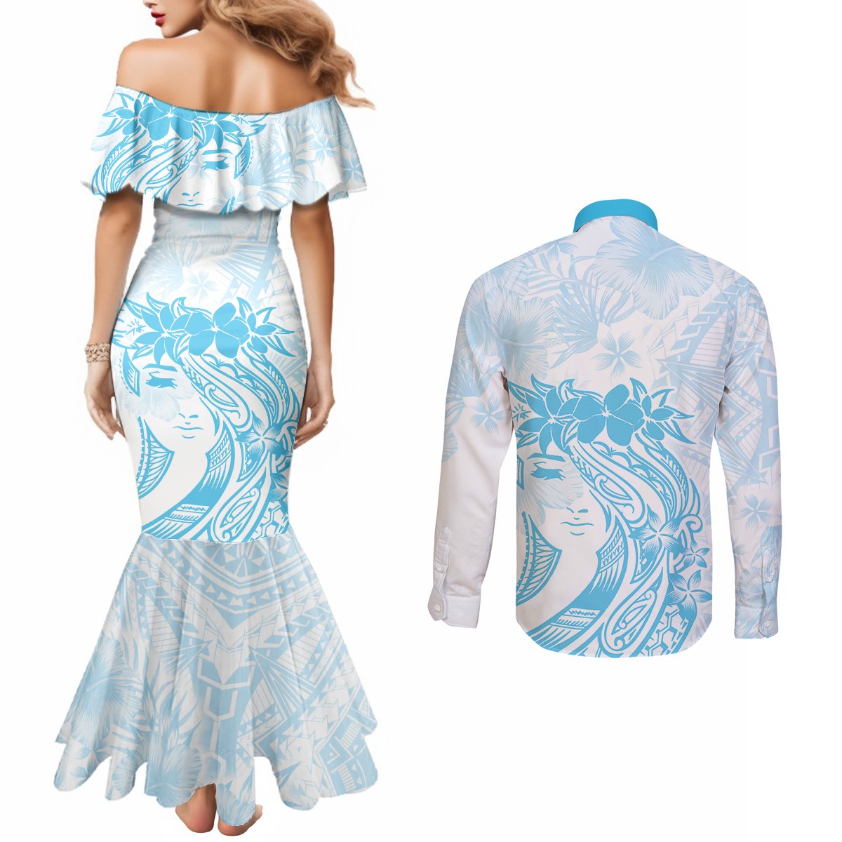 Polynesian Women's Day Couples Matching Mermaid Dress and Long Sleeve Button Shirt Plumeria Passion - Turquoise LT7 - Polynesian Pride