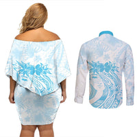 Polynesian Women's Day Couples Matching Off Shoulder Short Dress and Long Sleeve Button Shirt Plumeria Passion - Turquoise LT7 - Polynesian Pride