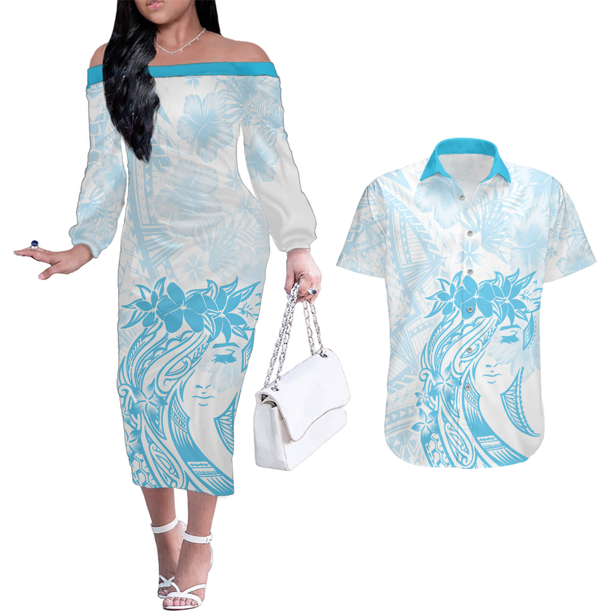 Polynesian Women's Day Couples Matching Off The Shoulder Long Sleeve Dress and Hawaiian Shirt Plumeria Passion - Turquoise LT7 Turquoise - Polynesian Pride