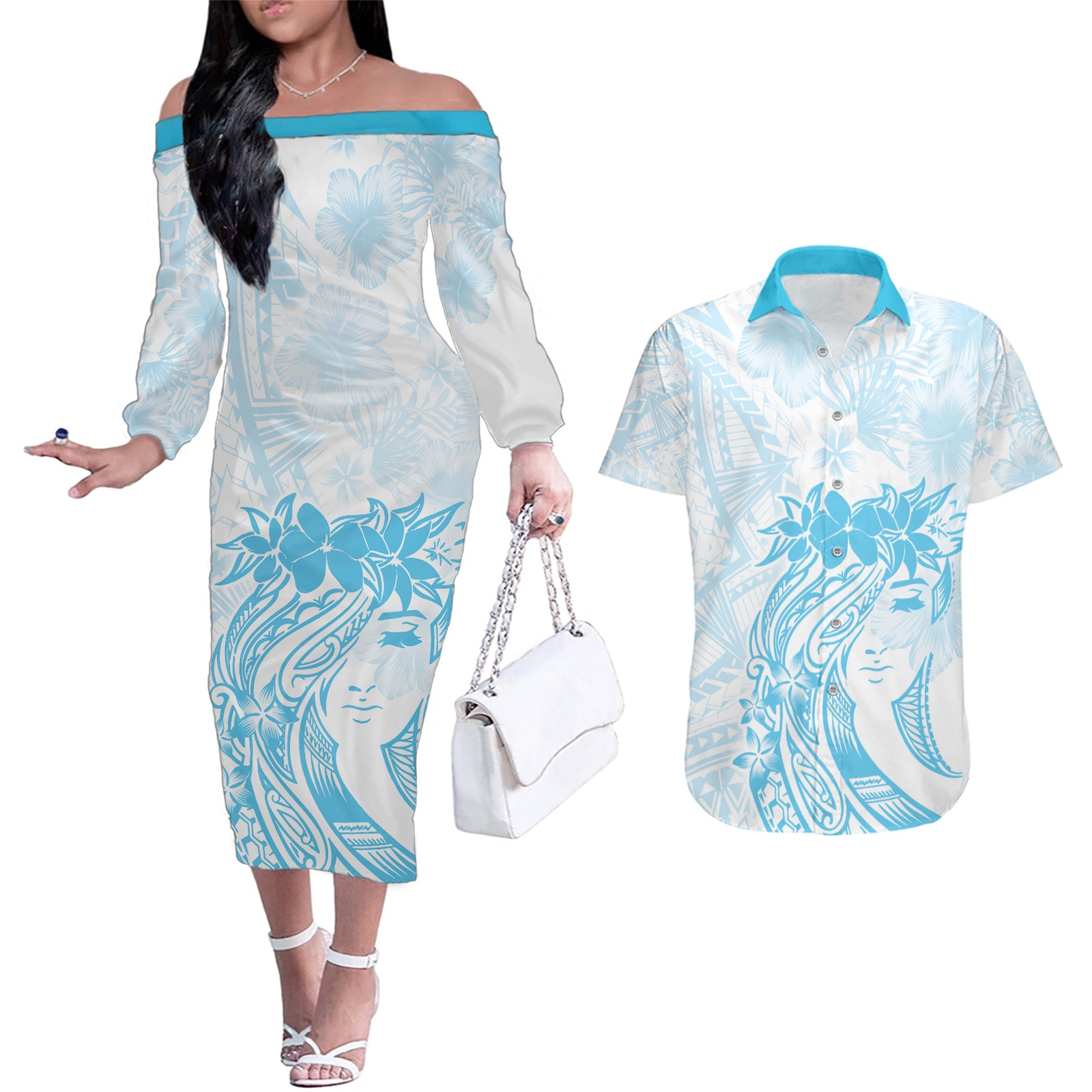 Polynesian Women's Day Couples Matching Off The Shoulder Long Sleeve Dress and Hawaiian Shirt Plumeria Passion - Turquoise LT7 Turquoise - Polynesian Pride