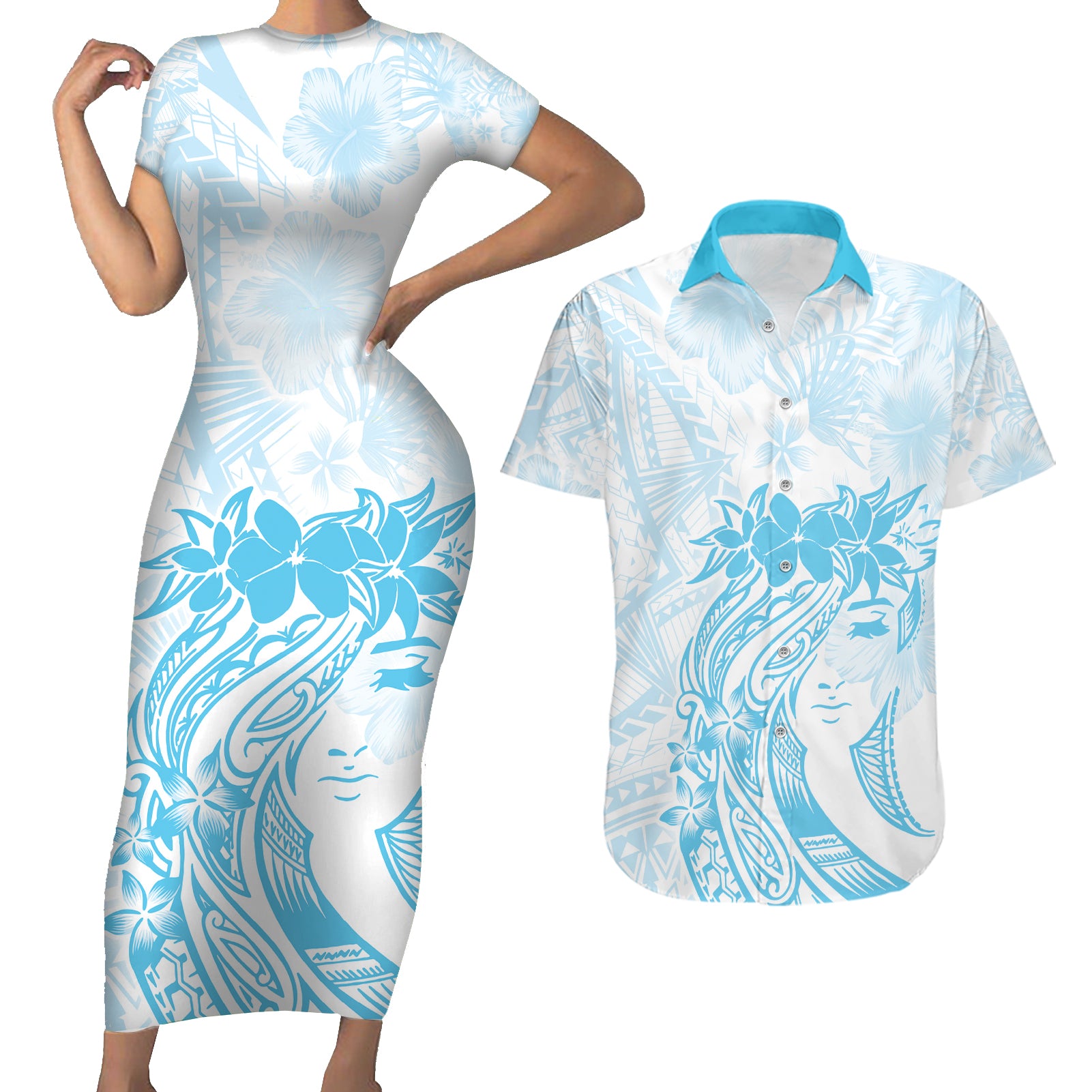 Polynesian Women's Day Couples Matching Short Sleeve Bodycon Dress and Hawaiian Shirt Plumeria Passion - Turquoise LT7 Turquoise - Polynesian Pride