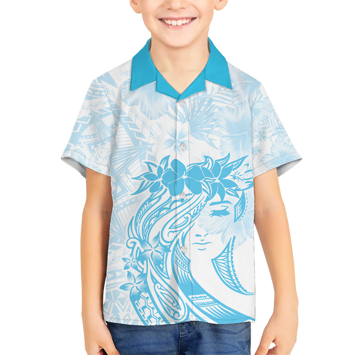 Polynesian Women's Day Family Matching Long Sleeve Bodycon Dress and Hawaiian Shirt Plumeria Passion - Turquoise LT7 Son's Shirt Turquoise - Polynesian Pride