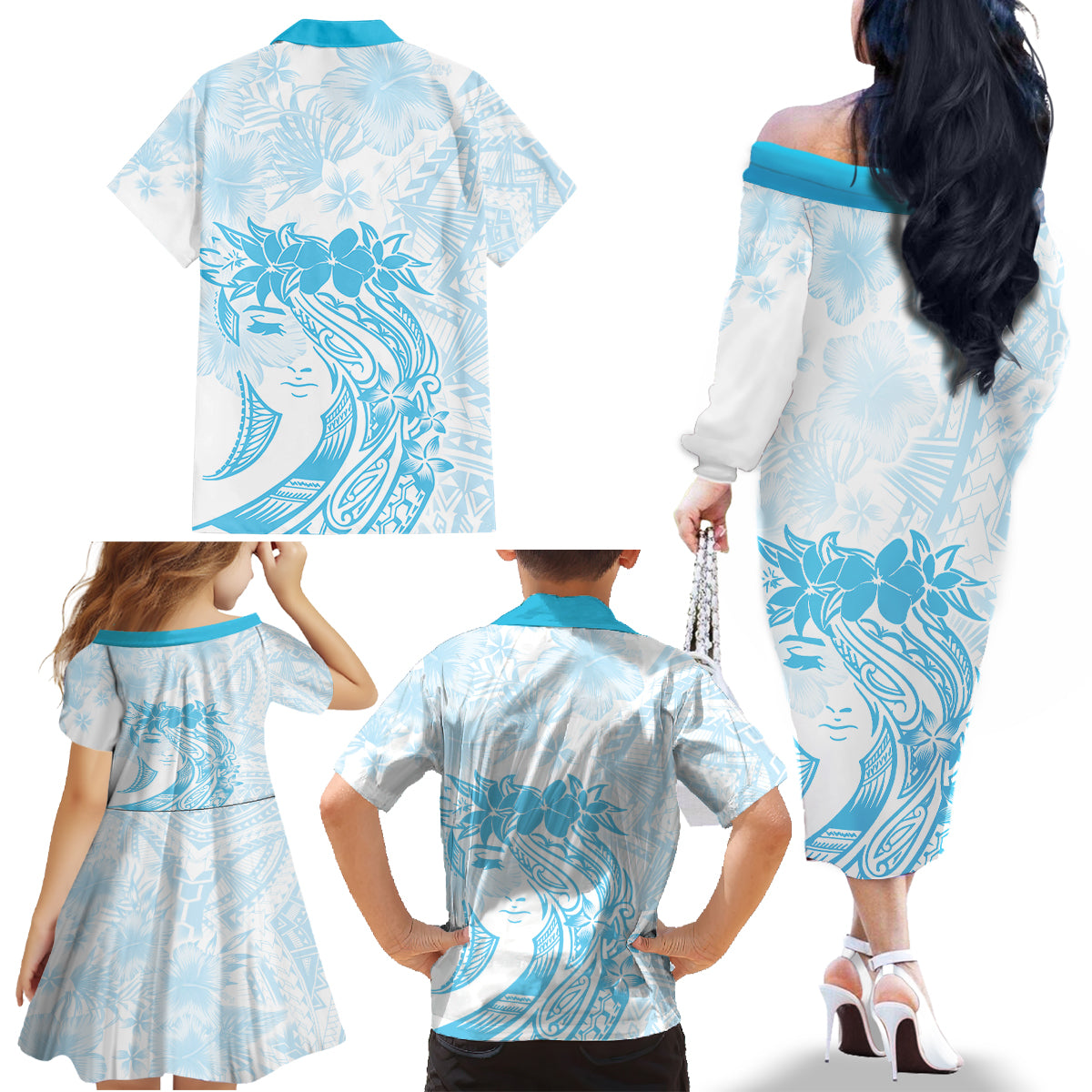 Polynesian Women's Day Family Matching Off Shoulder Long Sleeve Dress and Hawaiian Shirt Plumeria Passion - Turquoise LT7 - Polynesian Pride