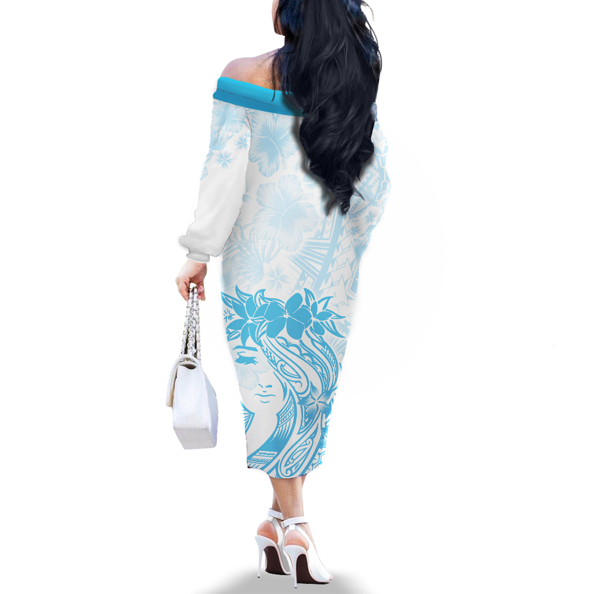Polynesian Women's Day Family Matching Off Shoulder Long Sleeve Dress and Hawaiian Shirt Plumeria Passion - Turquoise LT7 - Polynesian Pride