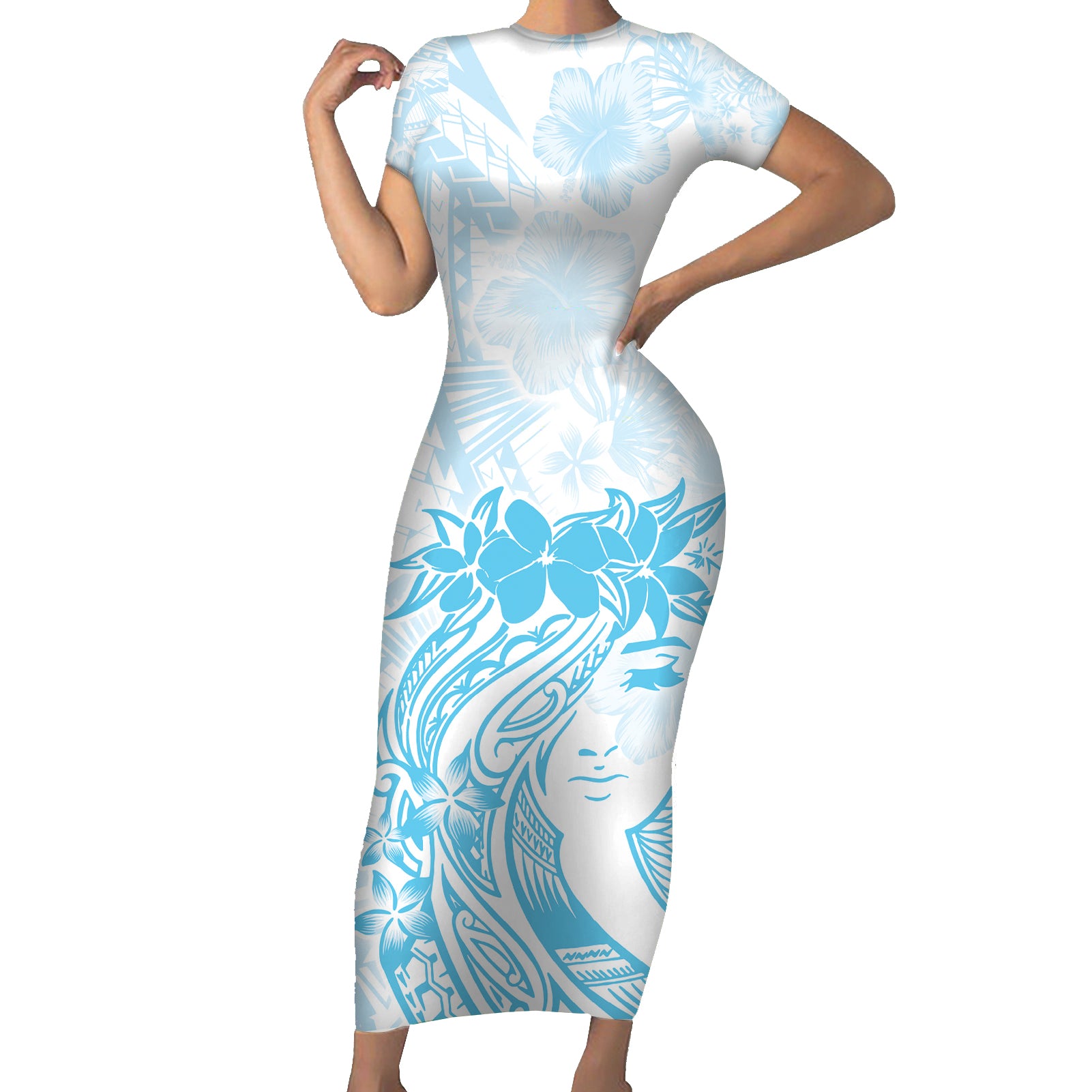 Polynesian Women's Day Short Sleeve Bodycon Dress Plumeria Passion - Turquoise LT7 Long Dress Turquoise - Polynesian Pride