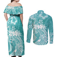 Polynesian Women's Day Couples Matching Off Shoulder Maxi Dress and Long Sleeve Button Shirt Plumeria Passion - Teal LT7 - Polynesian Pride