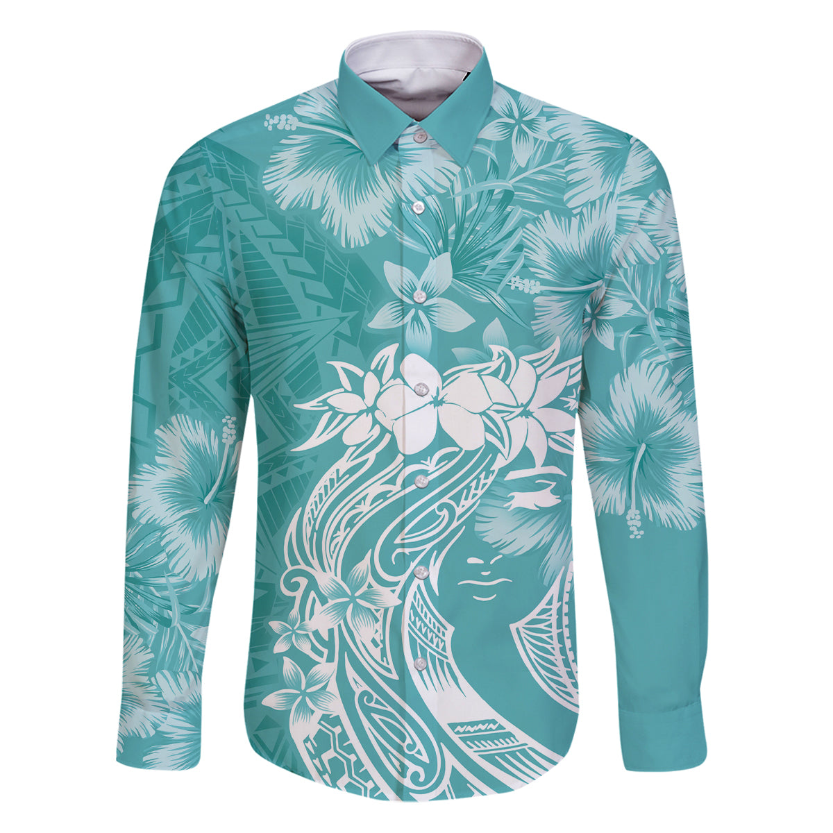 Polynesian Women's Day Family Matching Puletasi and Hawaiian Shirt Plumeria Passion - Teal LT7 Dad's Shirt - Long Sleeve Teal - Polynesian Pride