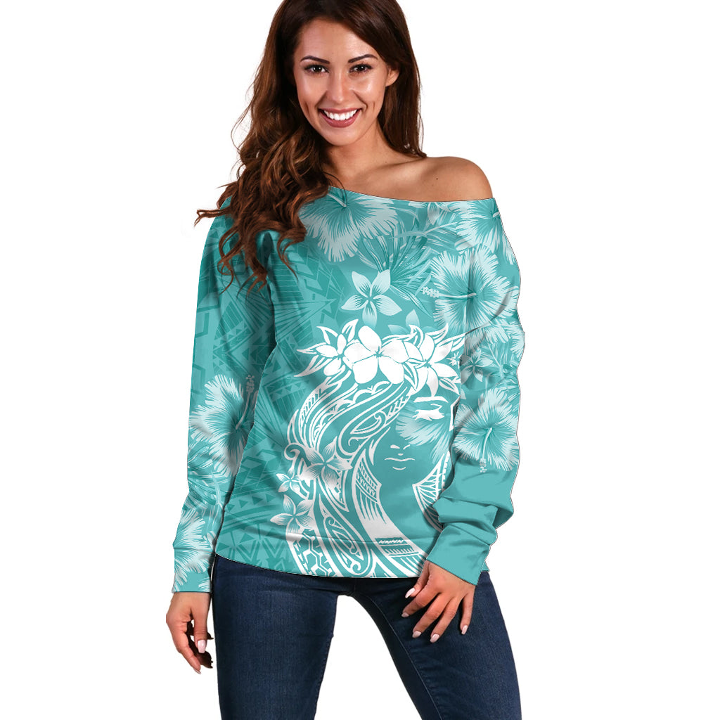 Polynesian Women's Day Off Shoulder Sweater Plumeria Passion - Teal LT7 Women Teal - Polynesian Pride