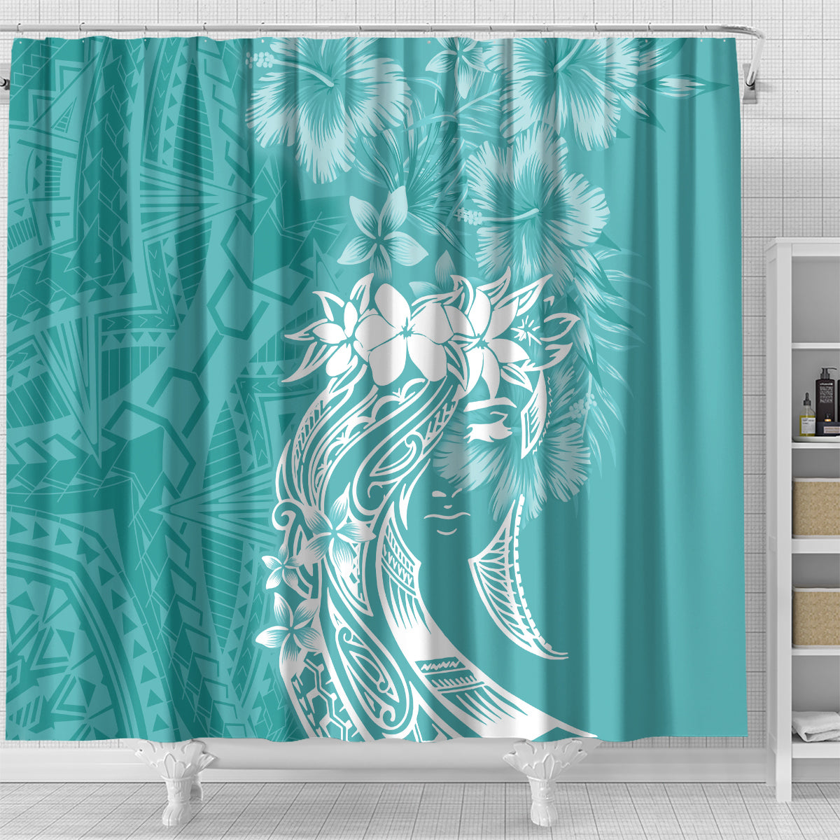 Polynesian Women's Day Shower Curtain Plumeria Passion - Teal LT7 - Polynesian Pride