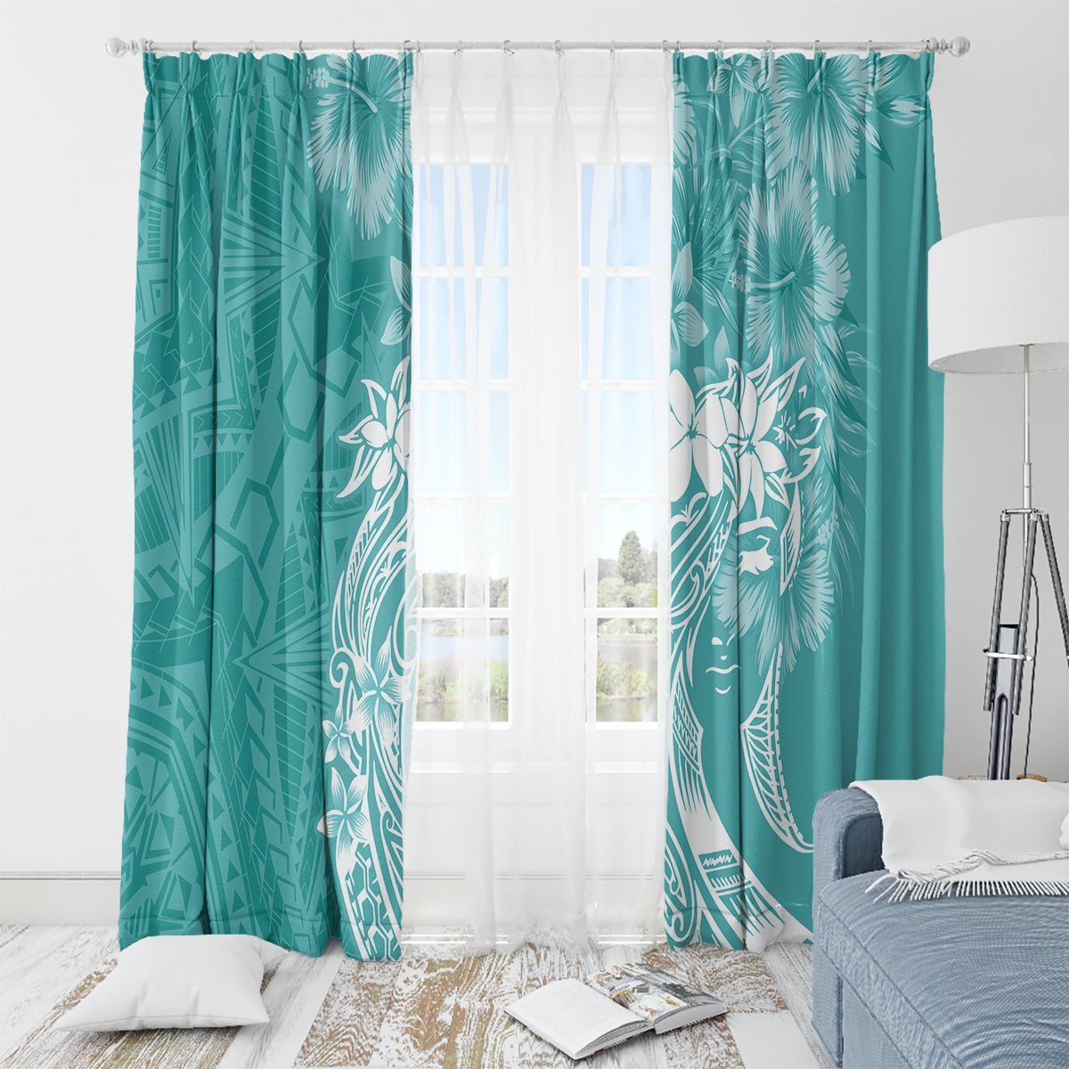Polynesian Women's Day Window Curtain Plumeria Passion - Teal LT7 - Polynesian Pride