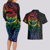 New Zealand Pride Couples Matching Long Sleeve Bodycon Dress and Hawaiian Shirt Takatapui Rainbow Fern LT7 - Polynesian Pride