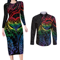 New Zealand Pride Couples Matching Long Sleeve Bodycon Dress and Long Sleeve Button Shirt Takatapui Rainbow Fern LT7 Colorful - Polynesian Pride