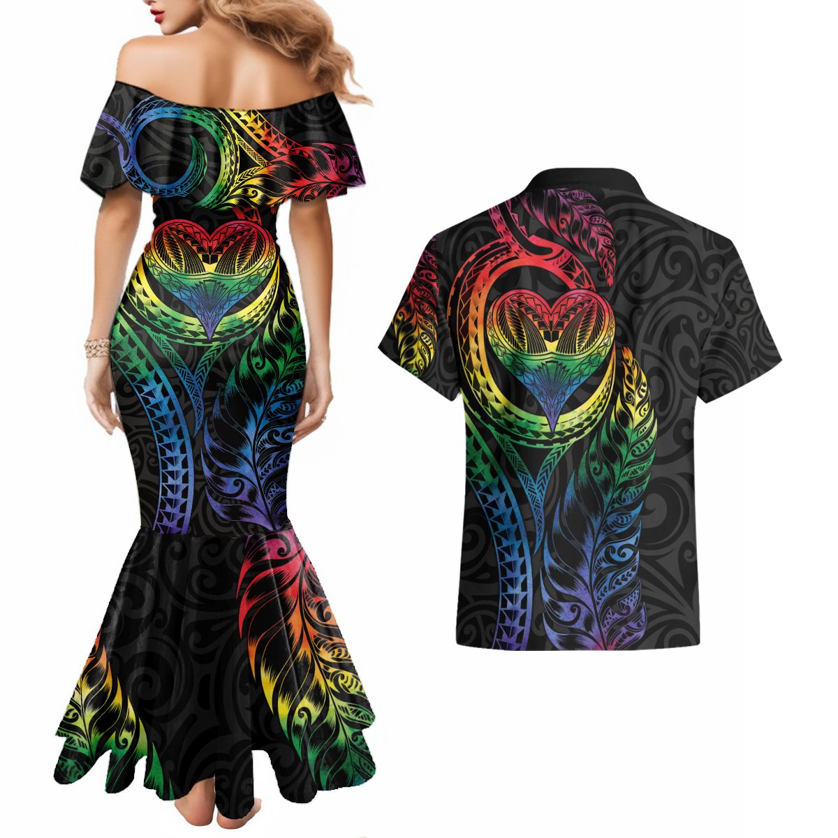 New Zealand Pride Couples Matching Mermaid Dress and Hawaiian Shirt Takatapui Rainbow Fern LT7 - Polynesian Pride