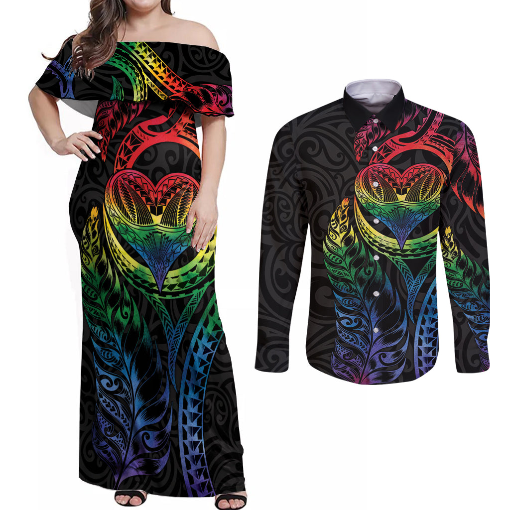 New Zealand Pride Couples Matching Off Shoulder Maxi Dress and Long Sleeve Button Shirt Takatapui Rainbow Fern