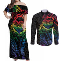 New Zealand Pride Couples Matching Off Shoulder Maxi Dress and Long Sleeve Button Shirt Takatapui Rainbow Fern