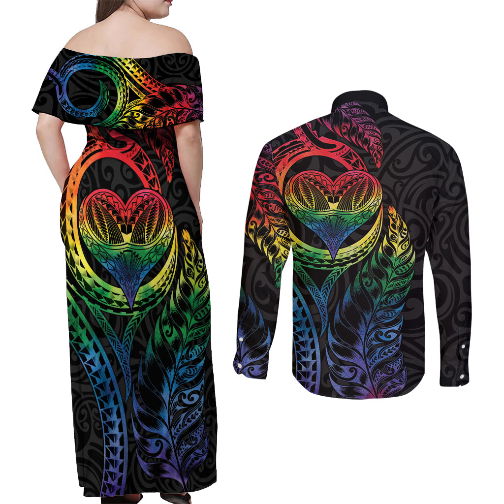 New Zealand Pride Couples Matching Off Shoulder Maxi Dress and Long Sleeve Button Shirt Takatapui Rainbow Fern