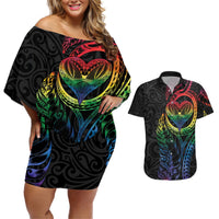 New Zealand Pride Couples Matching Off Shoulder Short Dress and Hawaiian Shirt Takatapui Rainbow Fern LT7 Colorful - Polynesian Pride