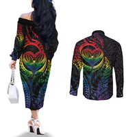 New Zealand Pride Couples Matching Off The Shoulder Long Sleeve Dress and Long Sleeve Button Shirt Takatapui Rainbow Fern LT7 - Polynesian Pride