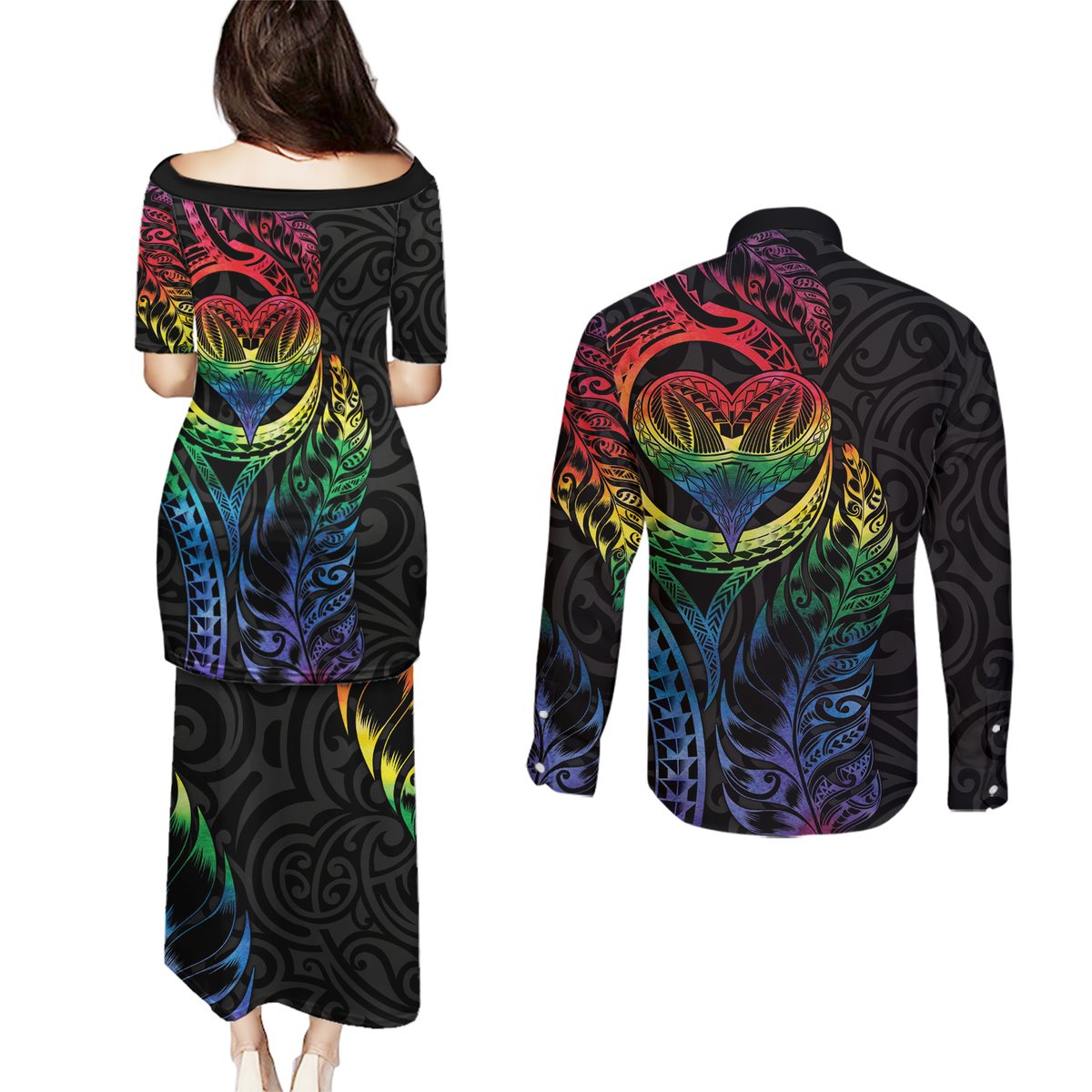 New Zealand Pride Couples Matching Puletasi and Long Sleeve Button Shirt Takatapui Rainbow Fern LT7 - Polynesian Pride