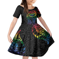 New Zealand Pride Family Matching Long Sleeve Bodycon Dress and Hawaiian Shirt Takatapui Rainbow Fern LT7 Daughter's Dress Colorful - Polynesian Pride