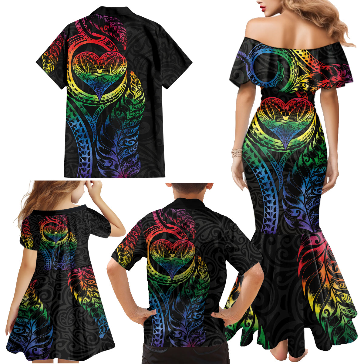 New Zealand Pride Family Matching Mermaid Dress and Hawaiian Shirt Takatapui Rainbow Fern LT7 - Polynesian Pride