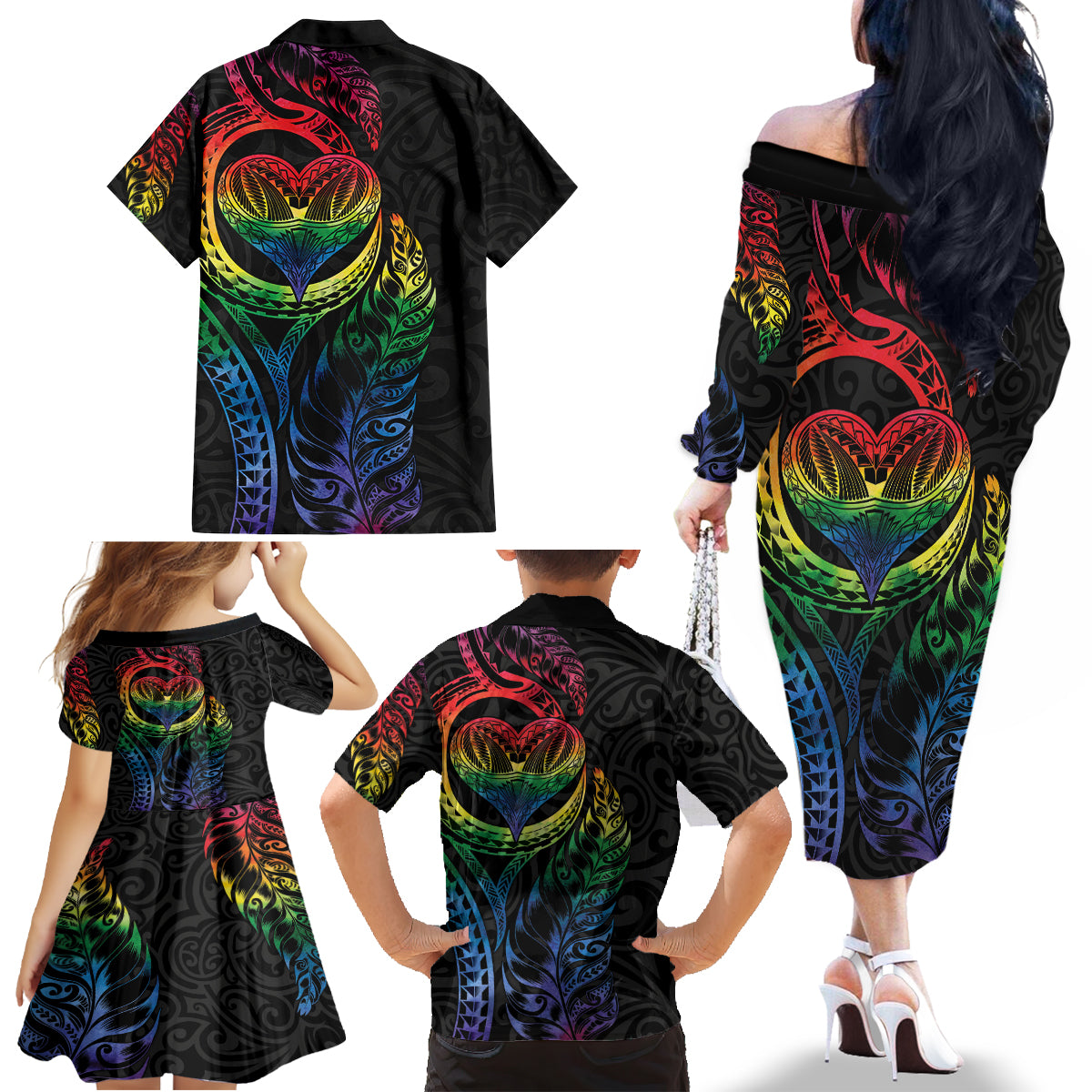 New Zealand Pride Family Matching Off The Shoulder Long Sleeve Dress and Hawaiian Shirt Takatapui Rainbow Fern