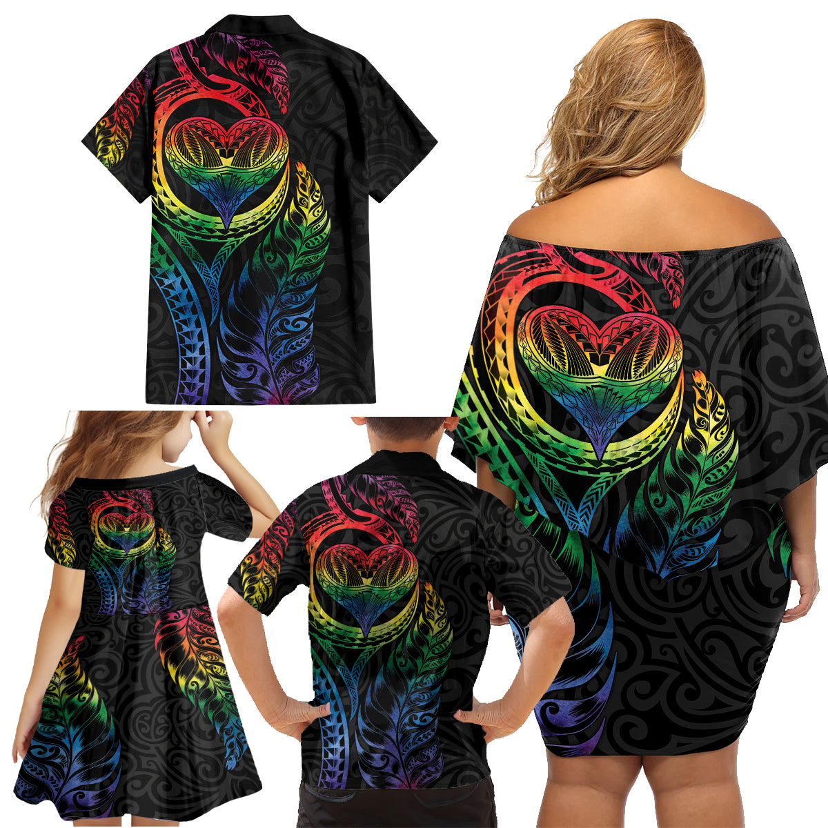 New Zealand Pride Family Matching Off Shoulder Short Dress and Hawaiian Shirt Takatapui Rainbow Fern