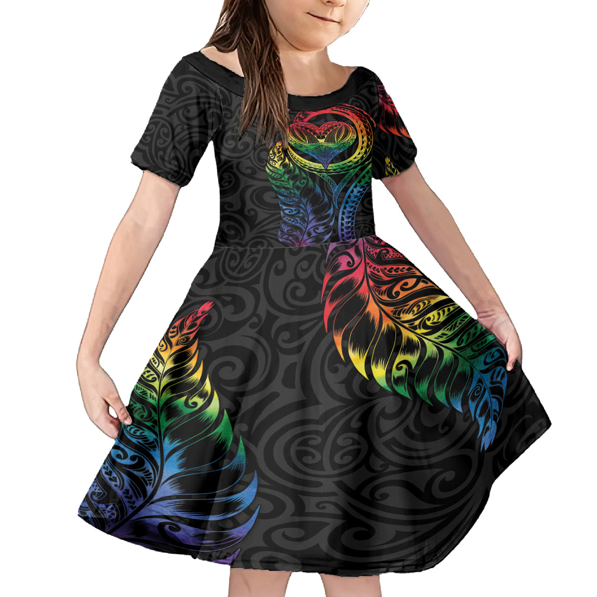 New Zealand Pride Family Matching Puletasi and Hawaiian Shirt Takatapui Rainbow Fern LT7 Daughter's Dress Colorful - Polynesian Pride