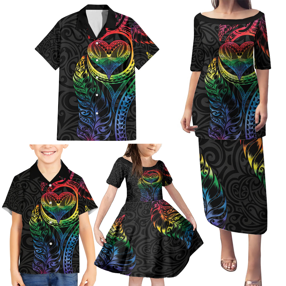 New Zealand Pride Family Matching Puletasi and Hawaiian Shirt Takatapui Rainbow Fern LT7 - Polynesian Pride