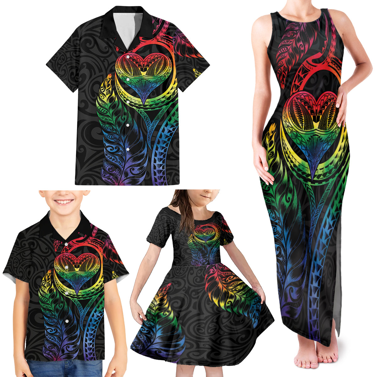 New Zealand Pride Family Matching Tank Maxi Dress and Hawaiian Shirt Takatapui Rainbow Fern