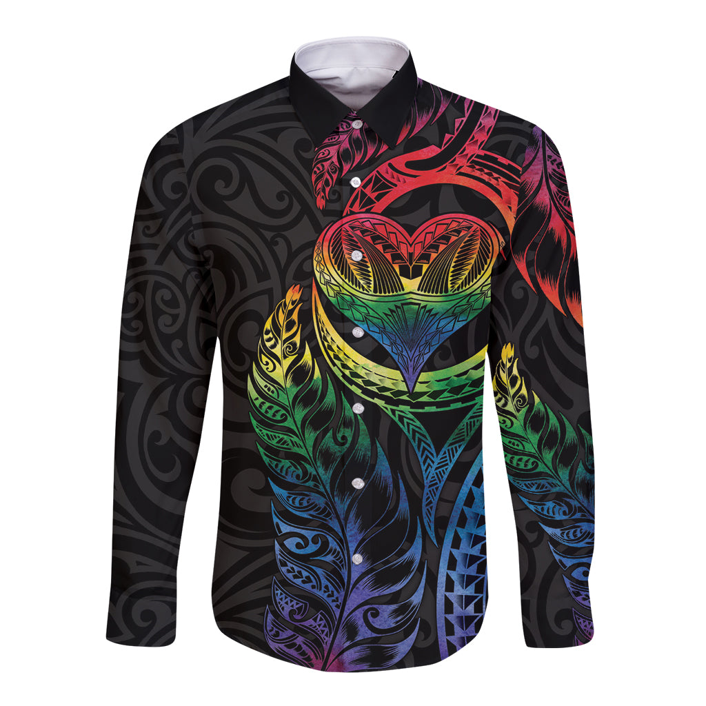 New Zealand Pride Long Sleeve Button Shirt Takatapui Rainbow Fern