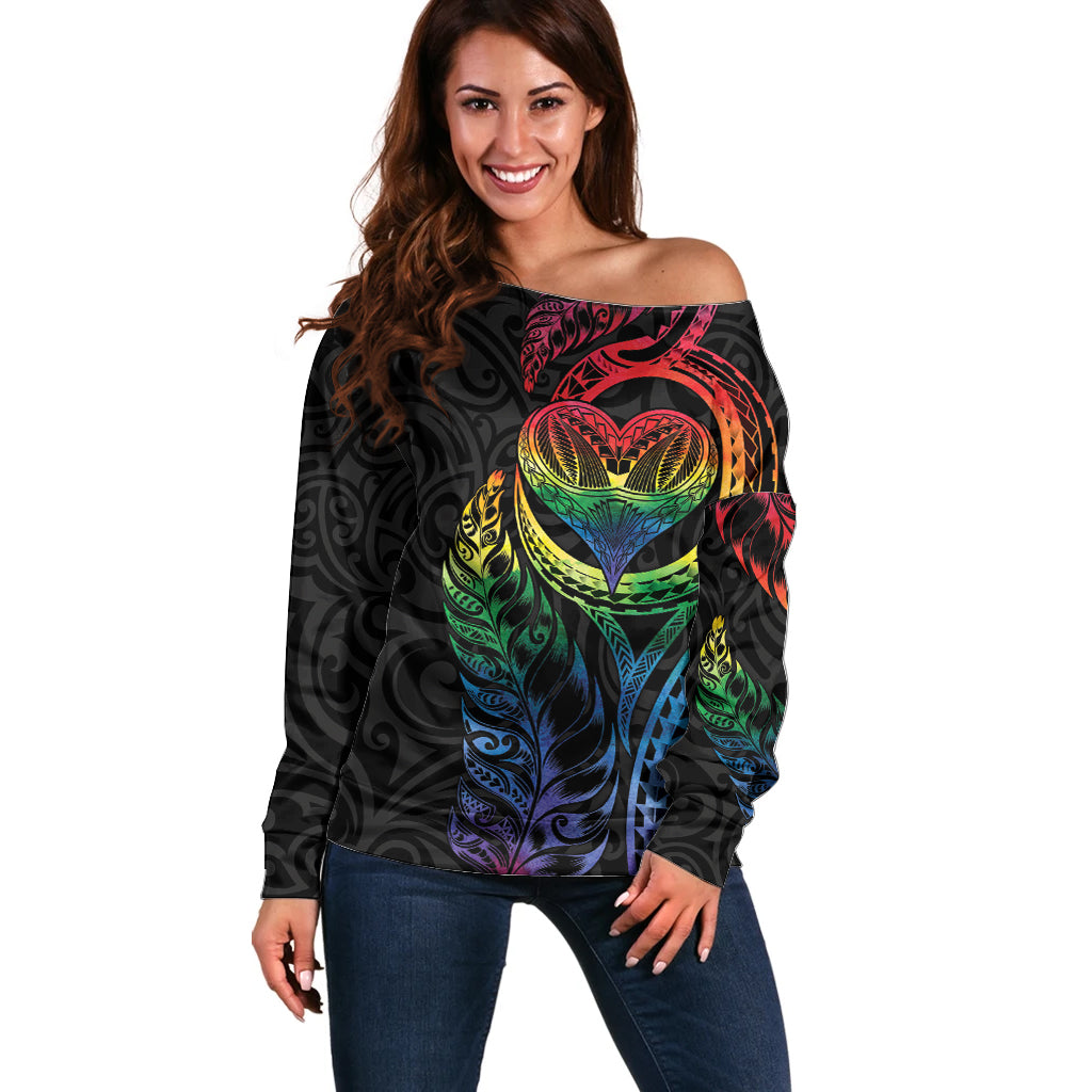 New Zealand Pride Off Shoulder Sweater Takatapui Rainbow Fern