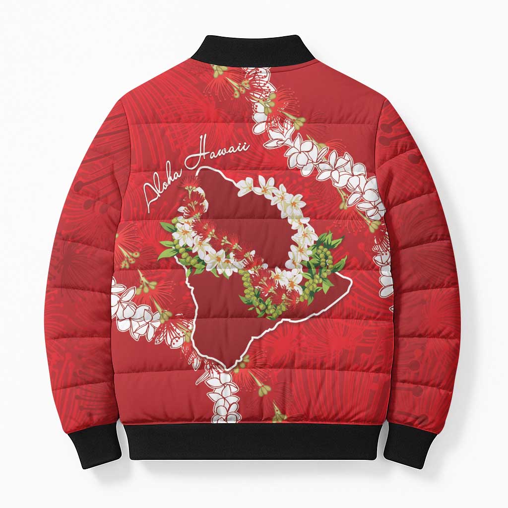 Hawaii Island Flowers Lei Bomber Puffer Jacket Ohia Lehua Scarlet Red