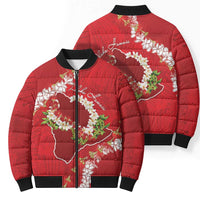 Hawaii Island Flowers Lei Bomber Puffer Jacket Ohia Lehua Scarlet Red