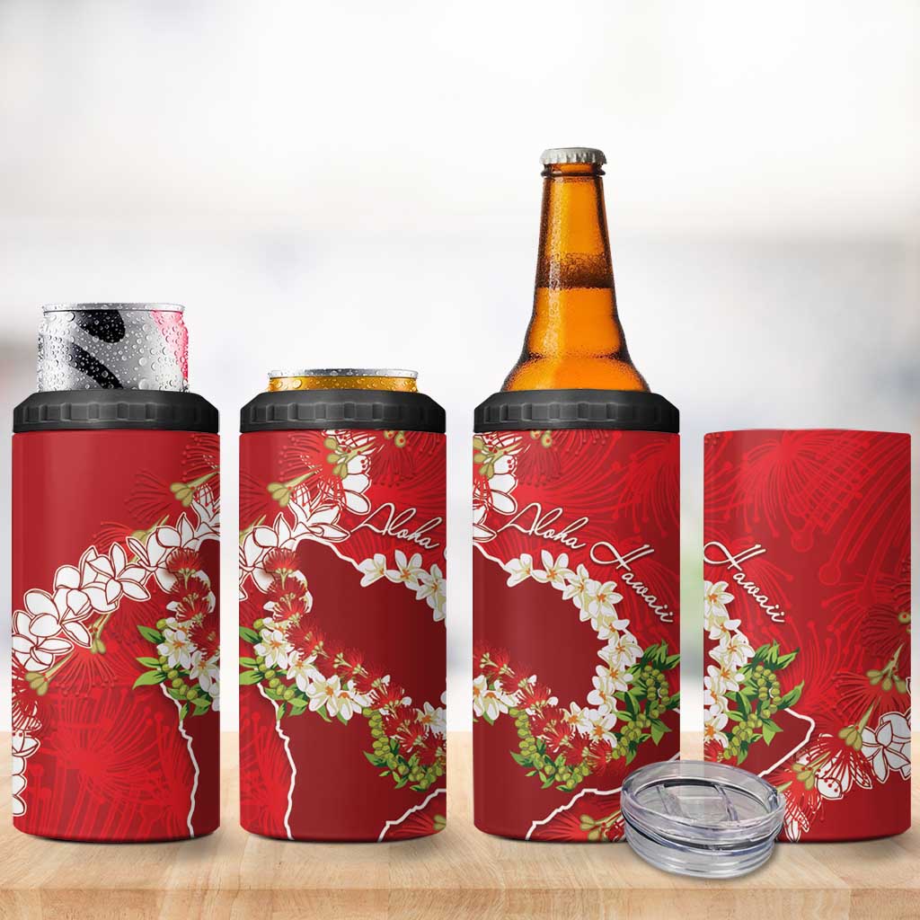 Hawaii Island Flowers Lei 4 in 1 Can Cooler Tumbler Ohia Lehua Scarlet Red