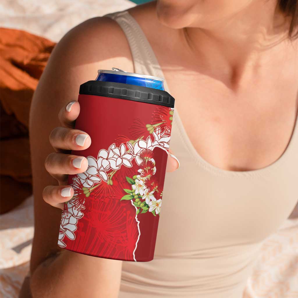 Hawaii Island Flowers Lei 4 in 1 Can Cooler Tumbler Ohia Lehua Scarlet Red