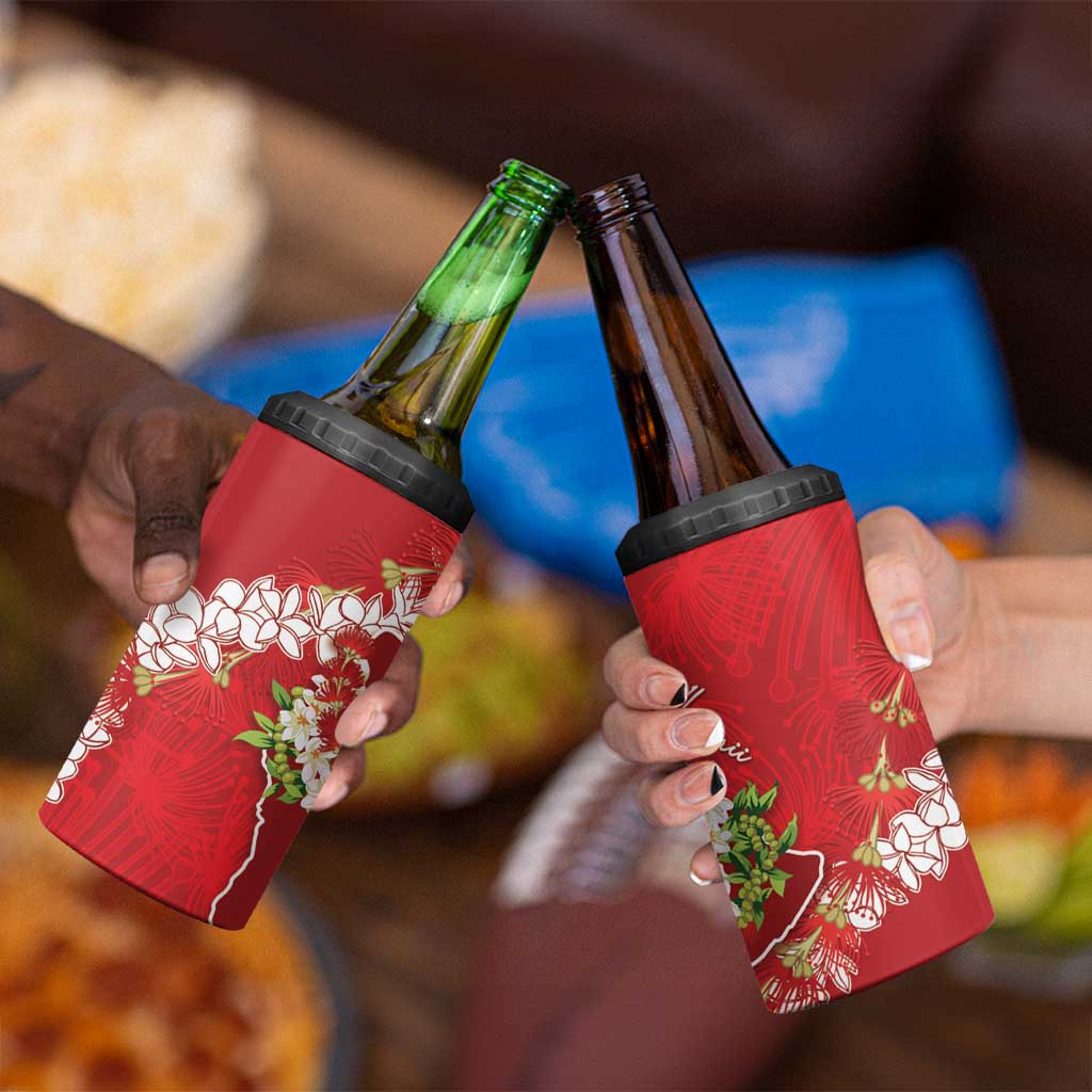Hawaii Island Flowers Lei 4 in 1 Can Cooler Tumbler Ohia Lehua Scarlet Red