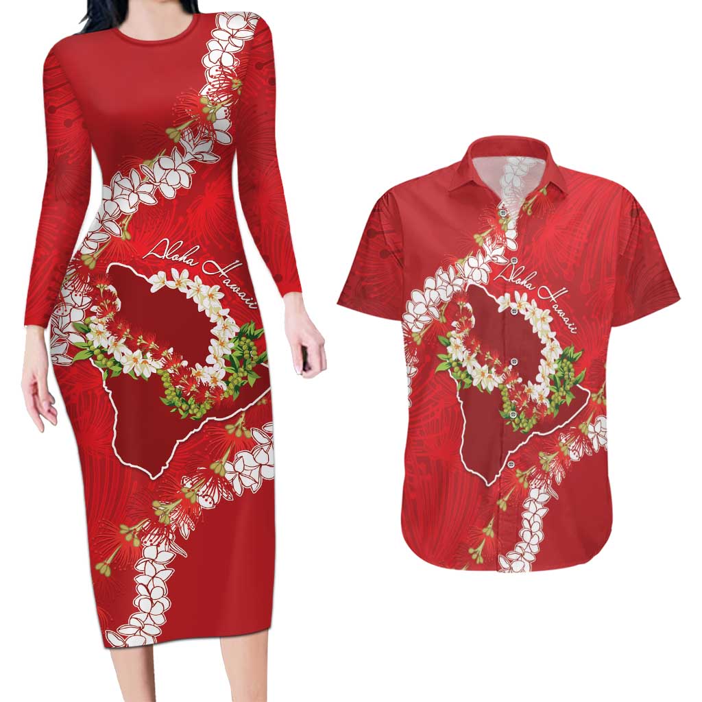 Hawaii Island Flowers Lei Couples Matching Long Sleeve Bodycon Dress and Hawaiian Shirt Ohia Lehua Scarlet Red