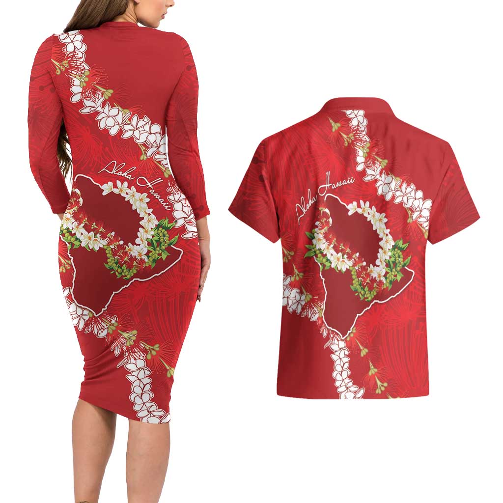 Hawaii Island Flowers Lei Couples Matching Long Sleeve Bodycon Dress and Hawaiian Shirt Ohia Lehua Scarlet Red LT7 - Polynesian Pride