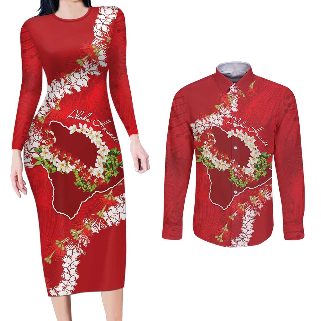 Hawaii Island Flowers Lei Couples Matching Long Sleeve Bodycon Dress and Long Sleeve Button Shirt Ohia Lehua Scarlet Red LT7 Red - Polynesian Pride