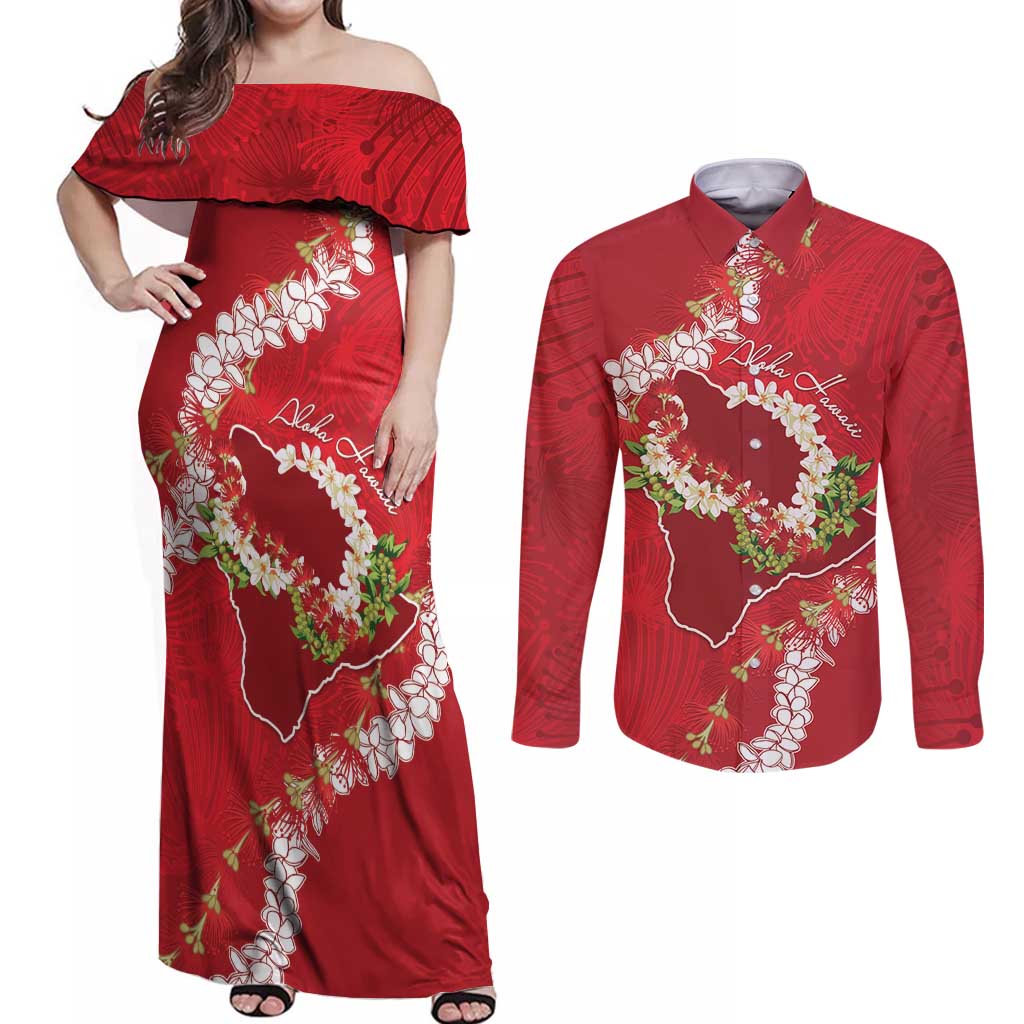 Hawaii Island Flowers Lei Couples Matching Off Shoulder Maxi Dress and Long Sleeve Button Shirt Ohia Lehua Scarlet Red