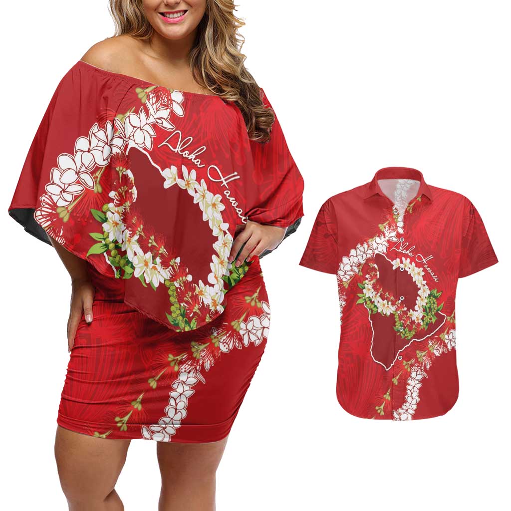 Hawaii Island Flowers Lei Couples Matching Off Shoulder Short Dress and Hawaiian Shirt Ohia Lehua Scarlet Red LT7 Red - Polynesian Pride