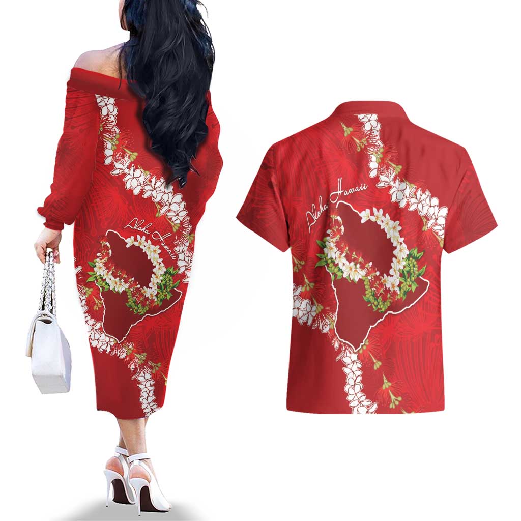 Hawaii Island Flowers Lei Couples Matching Off The Shoulder Long Sleeve Dress and Hawaiian Shirt Ohia Lehua Scarlet Red LT7 - Polynesian Pride