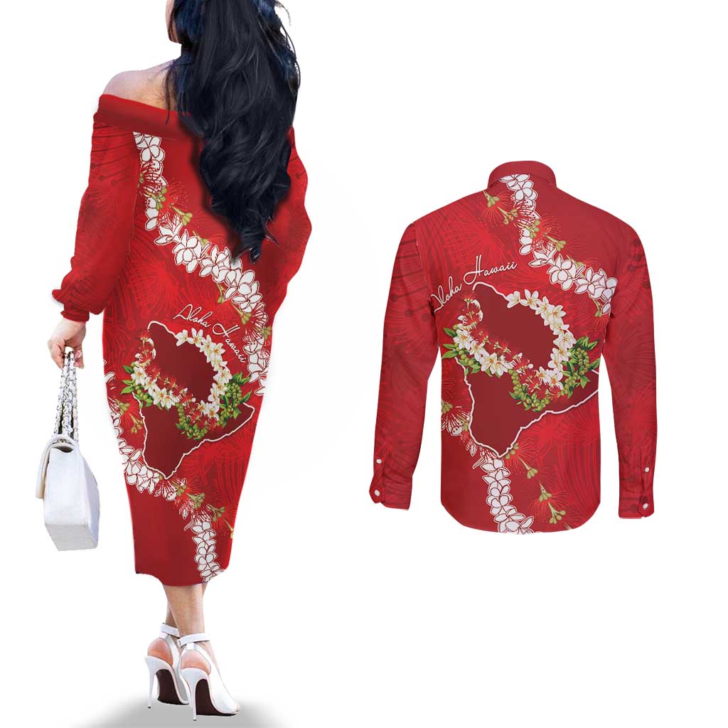 Hawaii Island Flowers Lei Couples Matching Off The Shoulder Long Sleeve Dress and Long Sleeve Button Shirt Ohia Lehua Scarlet Red LT7 - Polynesian Pride