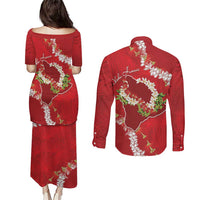 Hawaii Island Flowers Lei Couples Matching Puletasi and Long Sleeve Button Shirt Ohia Lehua Scarlet Red LT7 - Polynesian Pride