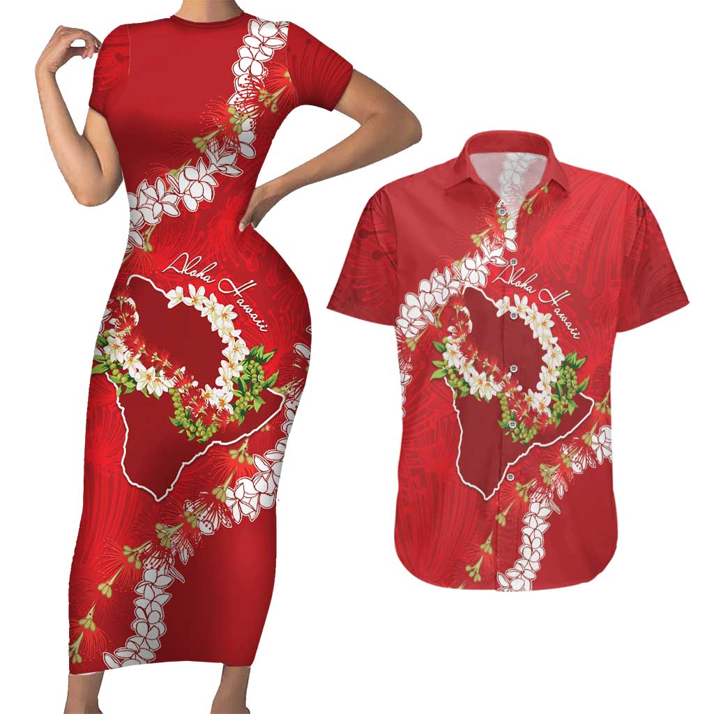 Hawaii Island Flowers Lei Couples Matching Short Sleeve Bodycon Dress and Hawaiian Shirt Ohia Lehua Scarlet Red