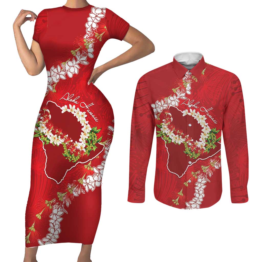 Hawaii Island Flowers Lei Couples Matching Short Sleeve Bodycon Dress and Long Sleeve Button Shirt Ohia Lehua Scarlet Red