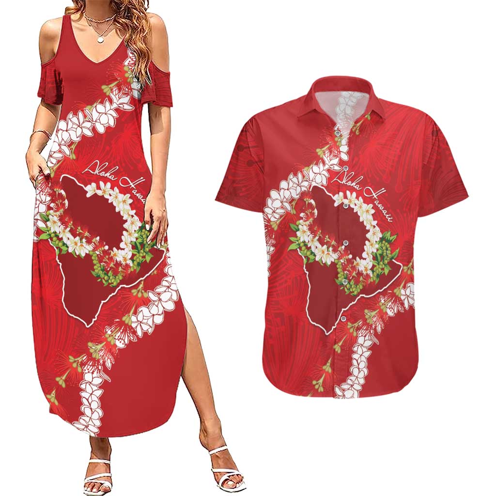 Hawaii Island Flowers Lei Couples Matching Summer Maxi Dress and Hawaiian Shirt Ohia Lehua Scarlet Red LT7 Red - Polynesian Pride