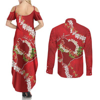 Hawaii Island Flowers Lei Couples Matching Summer Maxi Dress and Long Sleeve Button Shirt Ohia Lehua Scarlet Red LT7 - Polynesian Pride